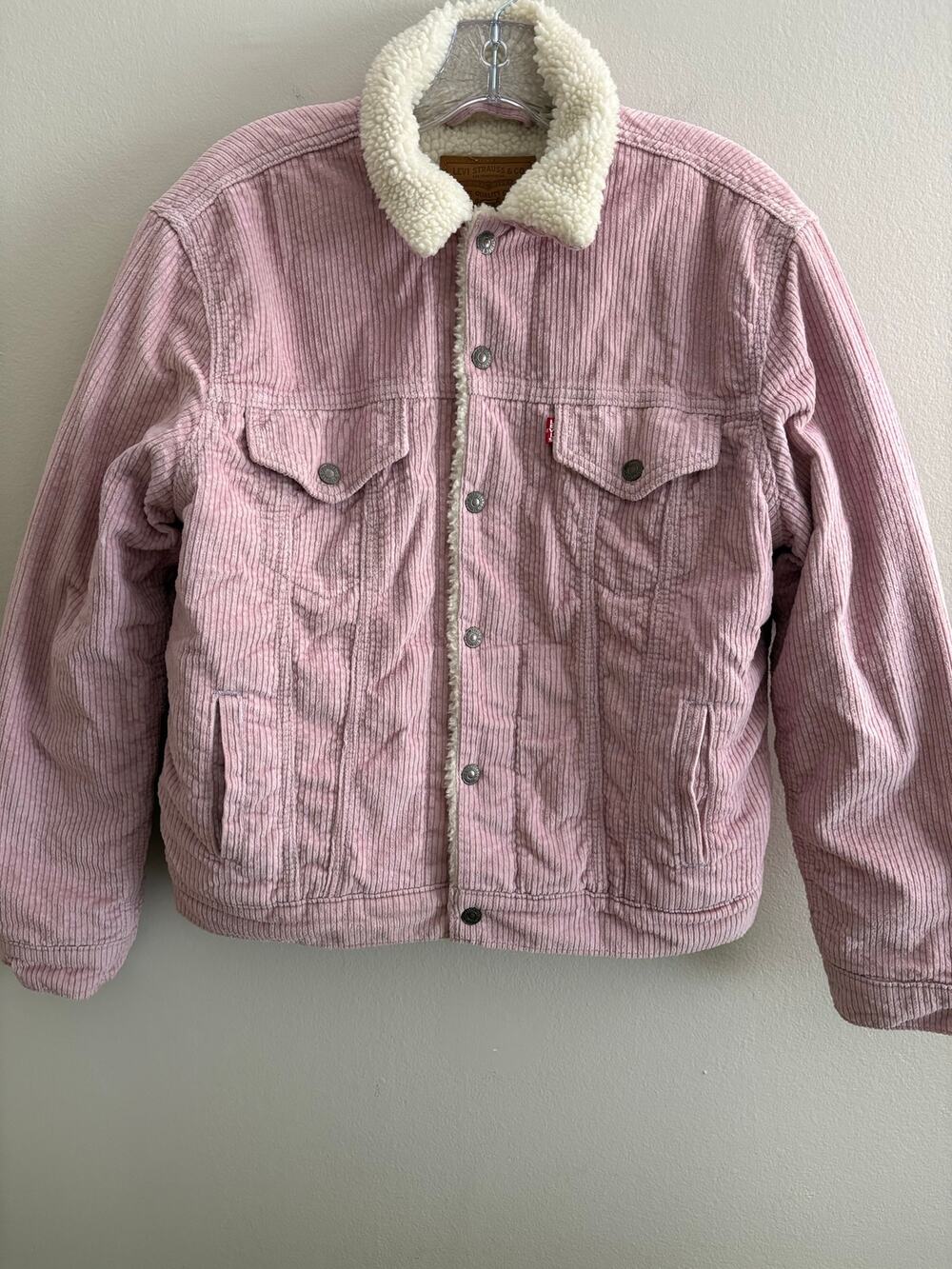 Levis Premium Women M Pink Corduroy Sherpa Trucker Jacket Coat Pastel Fur